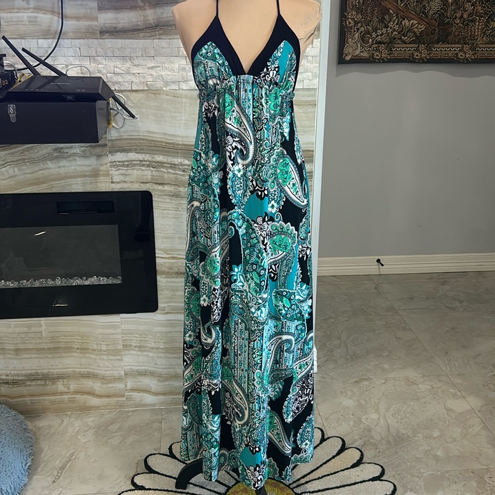 Women’s Paisley Print Halter Maxi Dress - Teal/Black